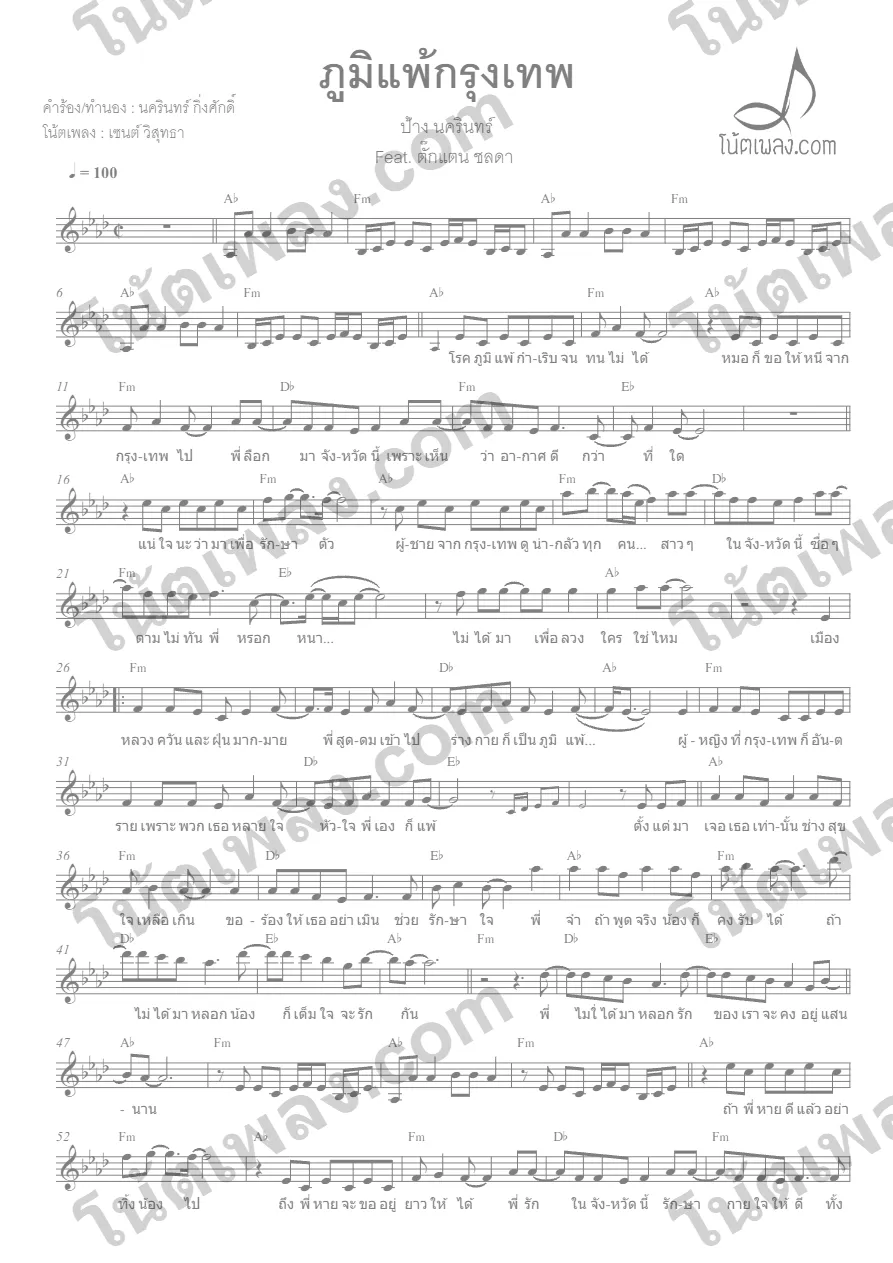 ตัวอย่างโน้ตเพลง ภูมิแพ้กรุงเทพ (ป้าง นครินทร์) หน้าแรก