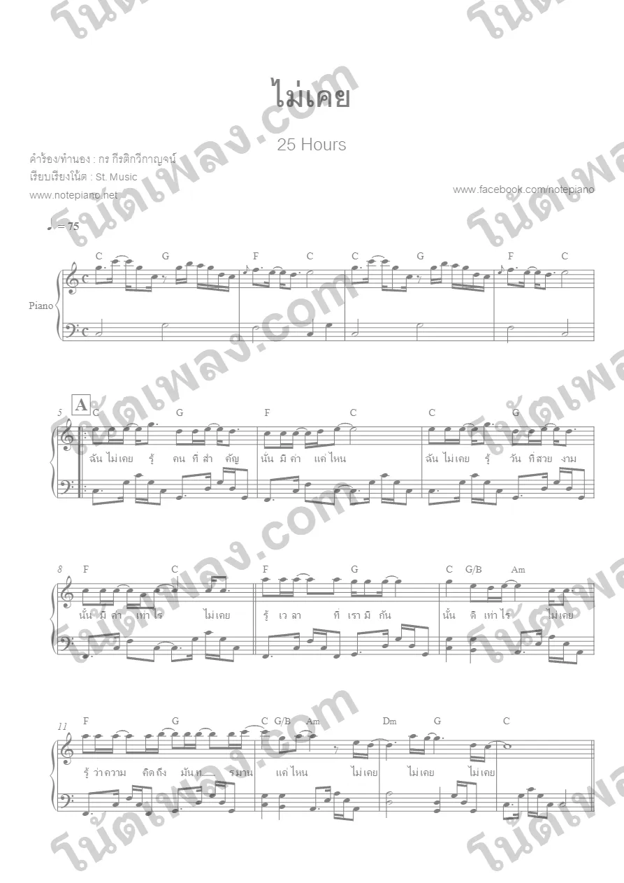 ตัวอย่างโน้ตเพลง ไม่เคย (25 Hours) เปียโน หน้าแรก