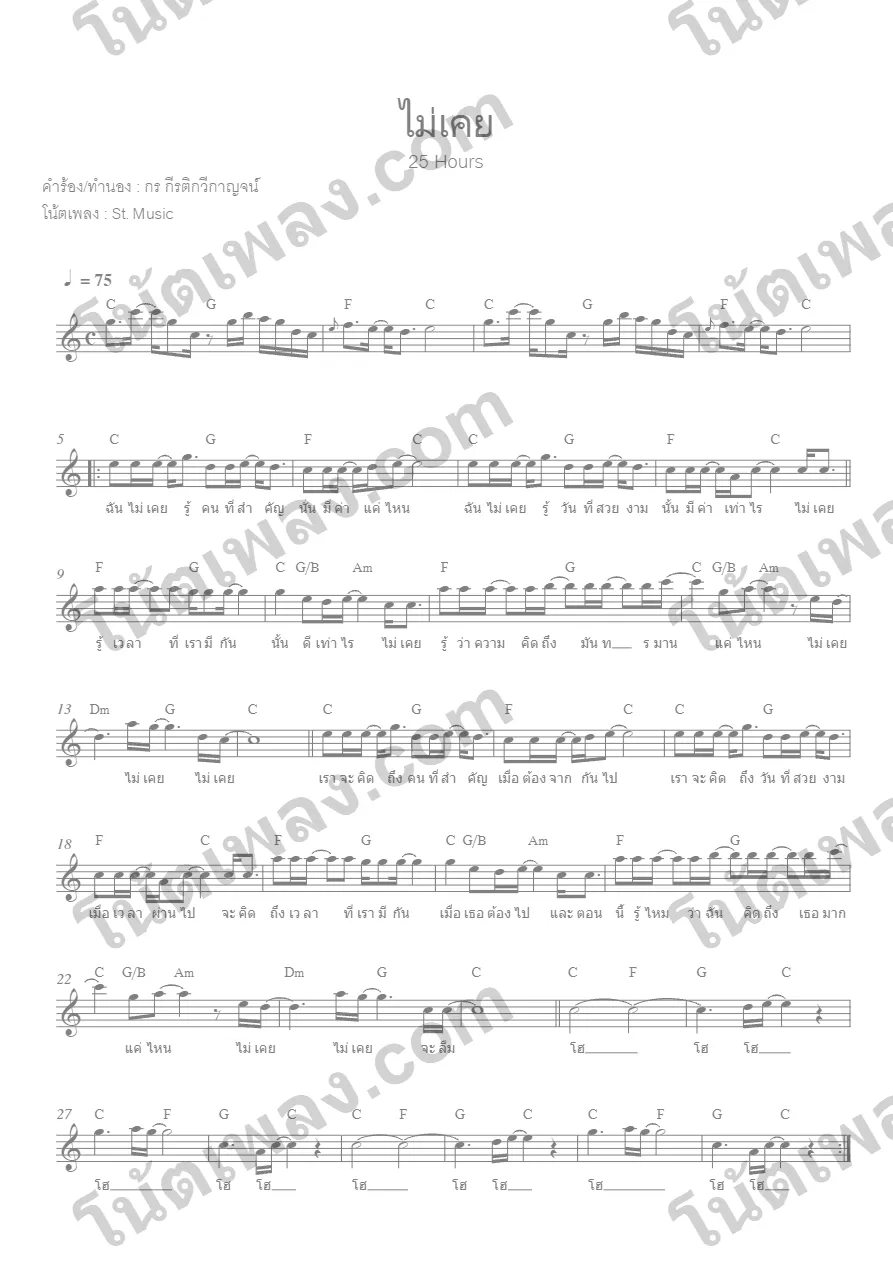 ตัวอย่างโน้ตเพลง ไม่เคย (25 Hours) หน้าแรก
