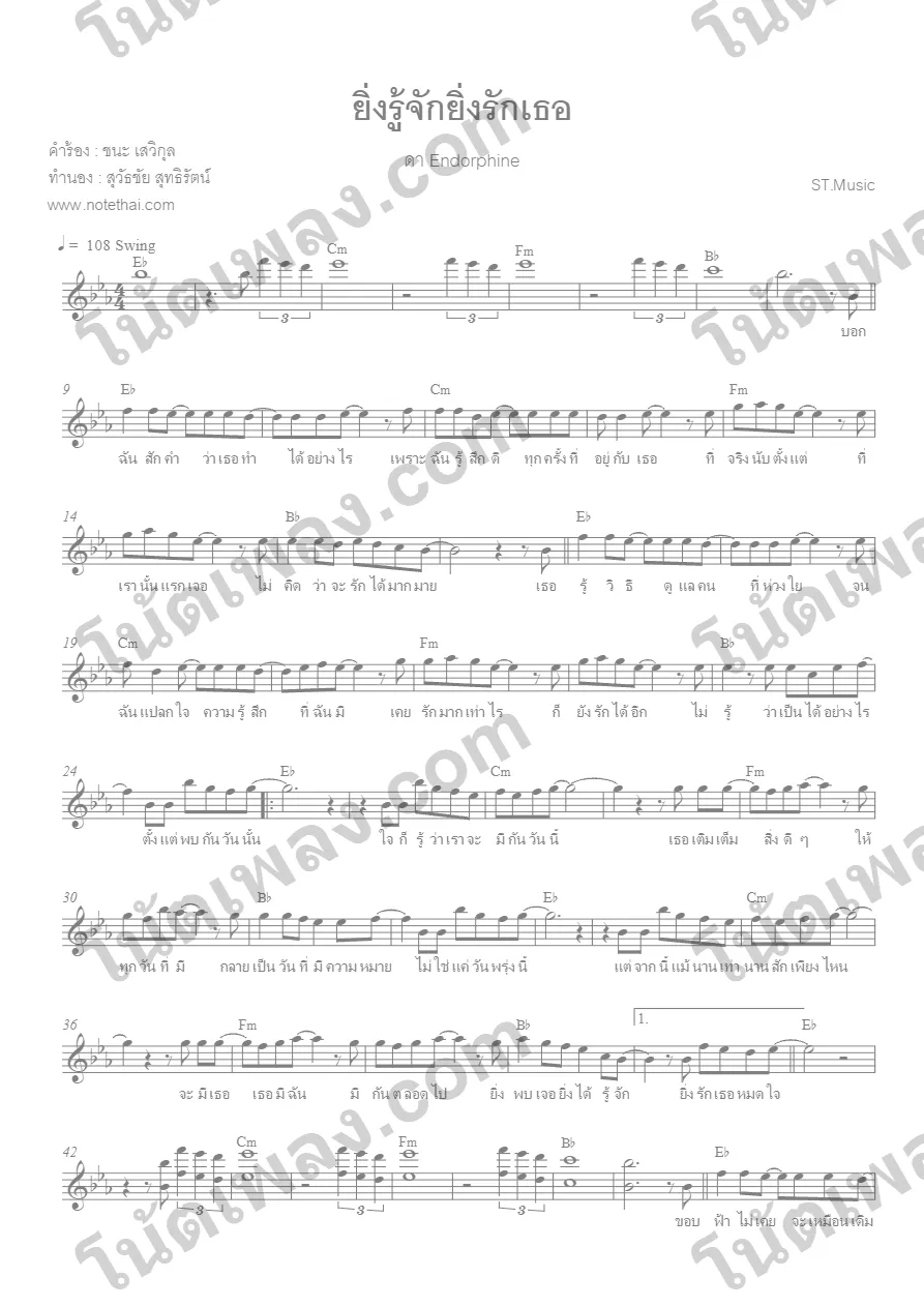 ตัวอย่างโน้ตเพลง ยิ่งรู้จักยิ่งรักเธอ (ดา เอ็นโดรฟิน) หน้าแรก