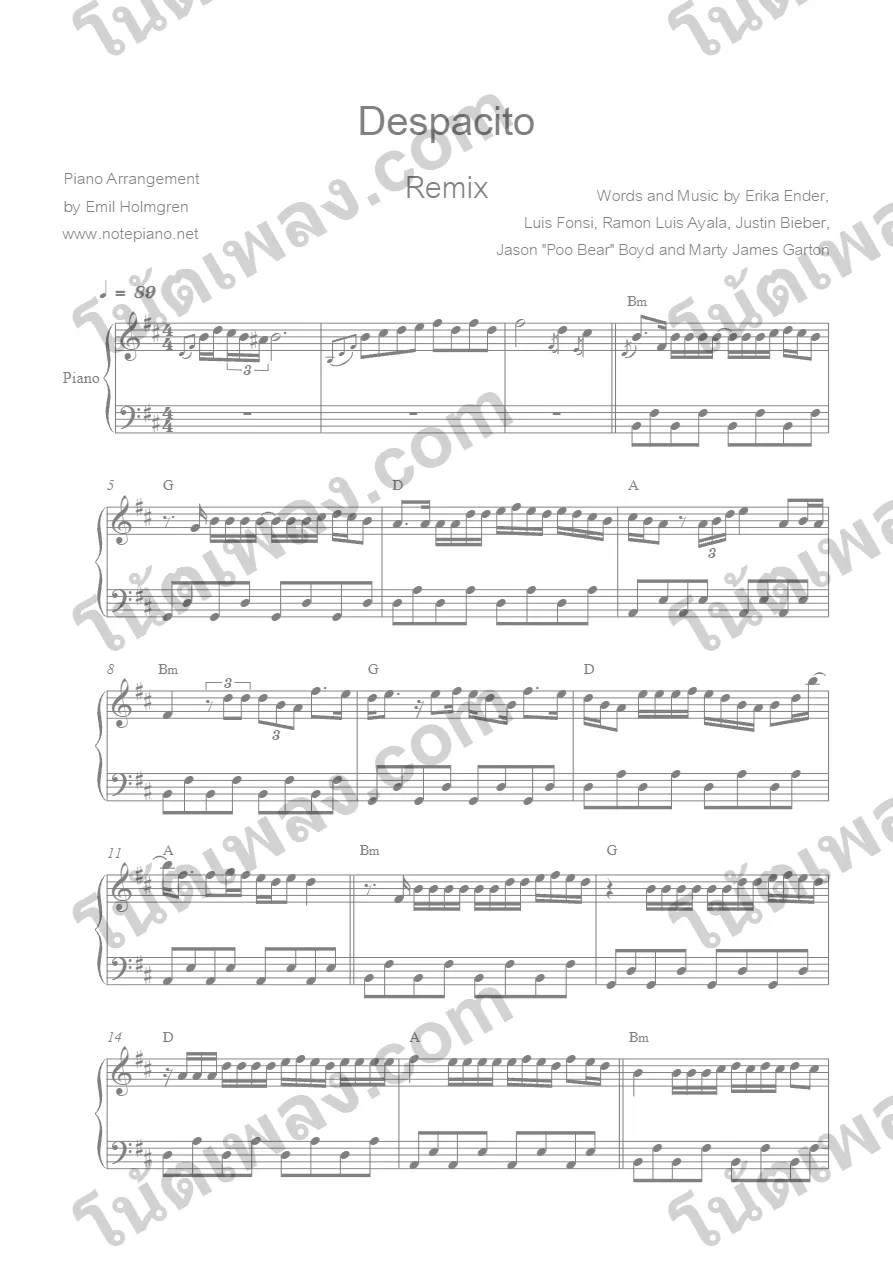 ตัวอย่างโน้ตเพลง Despacito (Remix) piano (1) หน้าแรก
