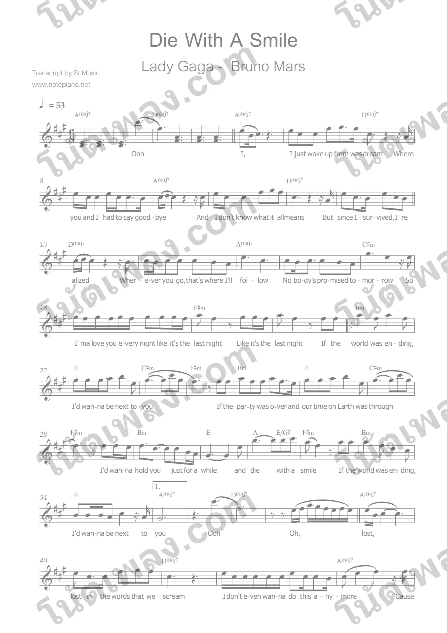 ตัวอย่างโน้ตเพลง Die With A Smile หน้าแรก