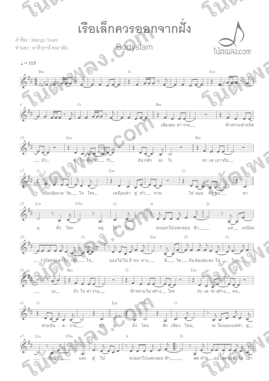 ตัวอย่างโน้ตเพลง เรือเล็กควรออกจากฝั่ง (Bodyslam) หน้าแรก