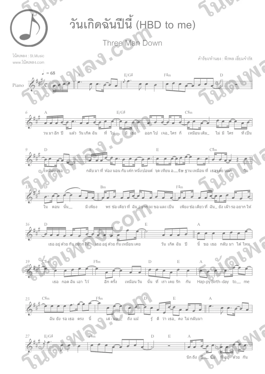 ตัวอย่างโน้ตเพลง วันเกิดฉันปีนี้ หน้าแรก
